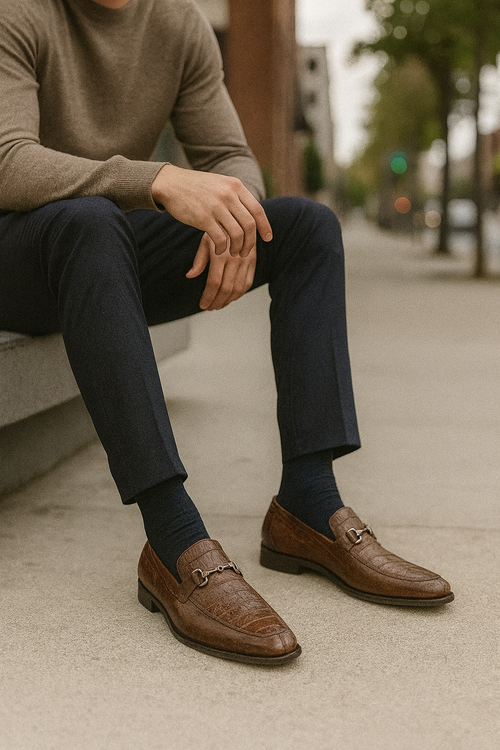 Men's brown slip-on shoes with crocodile-patterned leather and pointed toe. Features decorative buckles and a black sole. Open front for easy wear. Flat heel, regal design.
