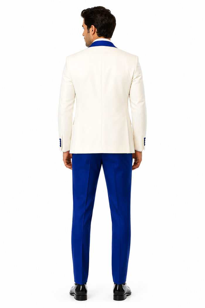 Hilton White and Royal Blue Paisley Peak Lapel Tuxedo Jacket with Matching Shawl Vest and Wool Pants - Includes Bow Tie