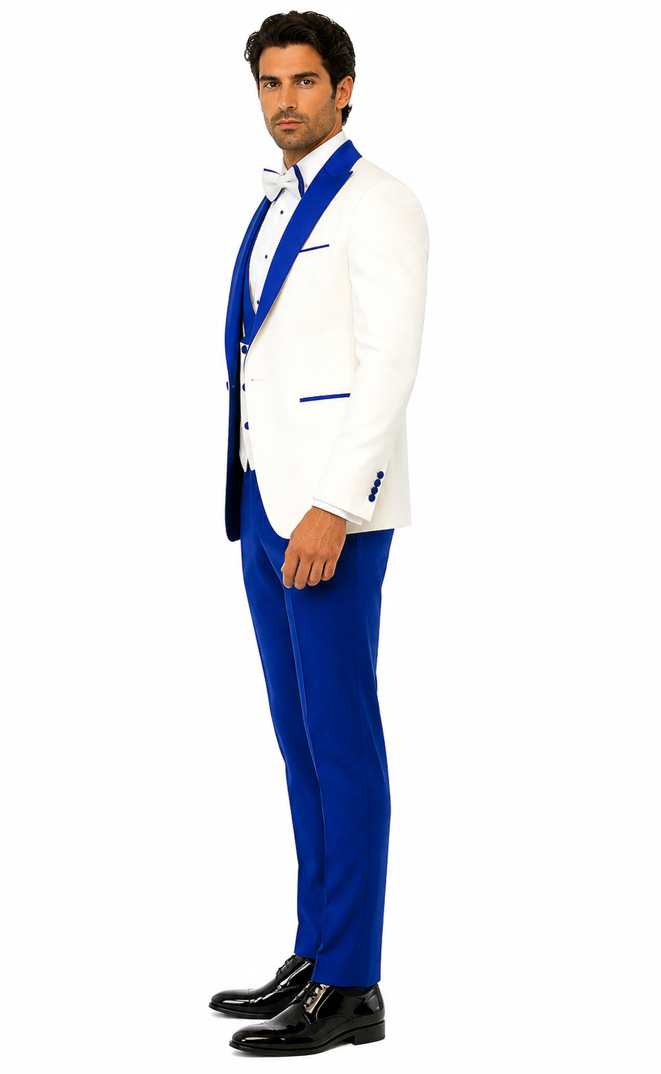 Hilton White and Royal Blue Paisley Peak Lapel Tuxedo Jacket with Matching Shawl Vest and Wool Pants - Includes Bow Tie