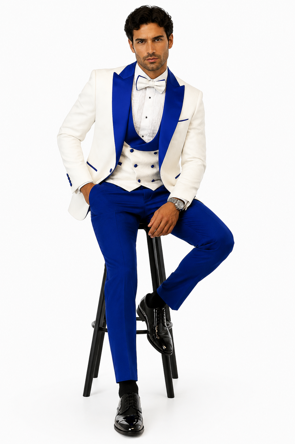 Hilton White and Royal Blue Paisley Peak Lapel Tuxedo Jacket with Matching Shawl Vest and Wool Pants - Includes Bow Tie