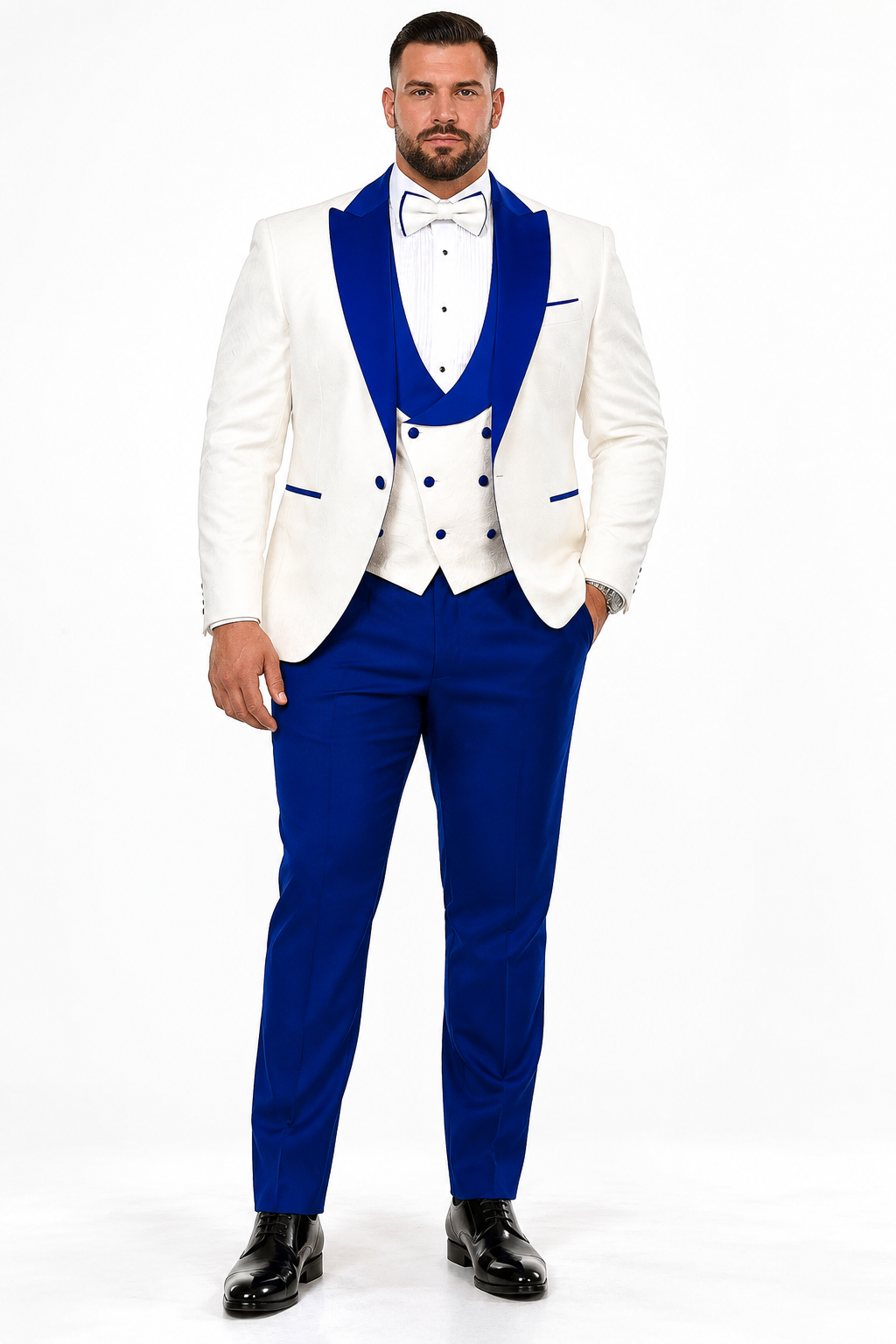 Hilton White and Royal Blue Paisley Peak Lapel Tuxedo Jacket with Matching Shawl Vest and Wool Pants - Includes Bow Tie