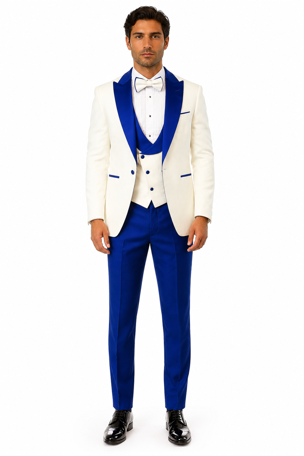 Hilton White and Royal Blue Paisley Peak Lapel Tuxedo Jacket with Matching Shawl Vest and Wool Pants - Includes Bow Tie