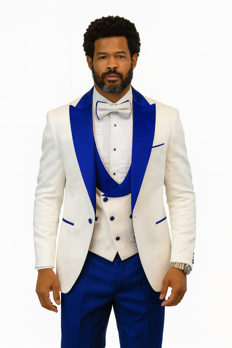 Hilton White and Royal Blue Paisley Peak Lapel Tuxedo Jacket with Matching Shawl Vest and Wool Pants - Includes Bow Tie