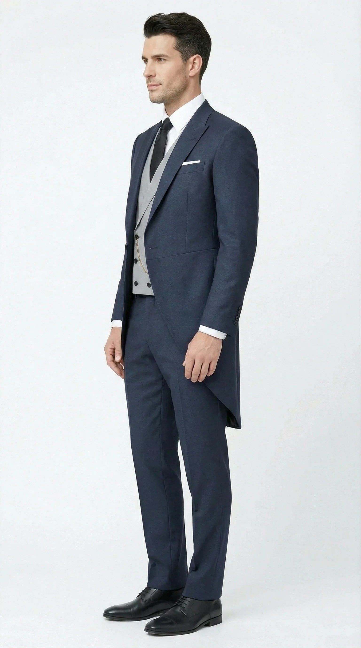 Men’s Navy Blue Three Piece Formal Suit – Cutaway Tuxedo Blazer Trousers for Wedding Tailcoat