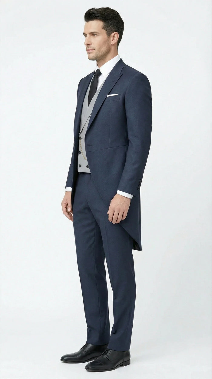 Men’s Navy Blue Three-Piece Formal Suit – Cutaway Blazer and Trousers for Wedding Tailcoat
