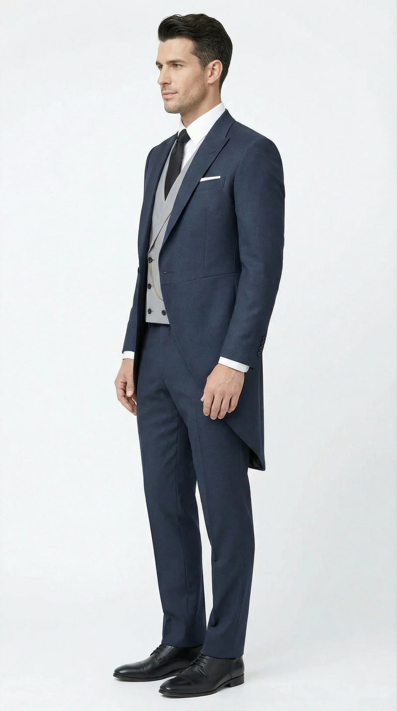 Men’s Navy Blue Three-Piece Formal Suit – Cutaway Blazer and Trousers for Wedding Tailcoat