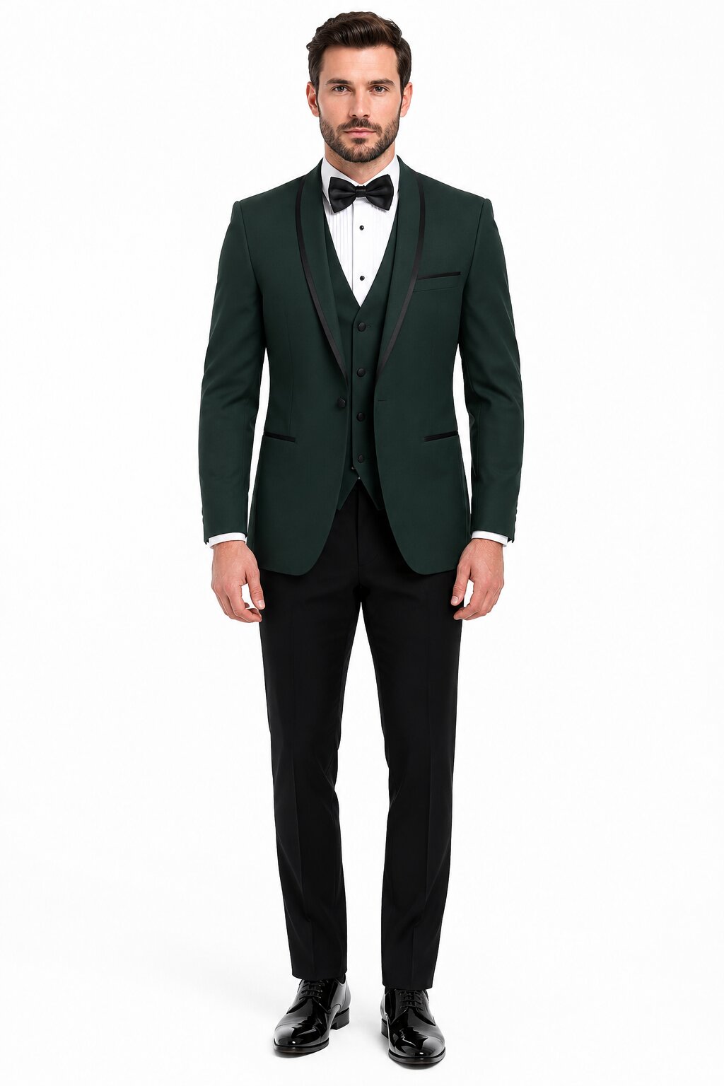 Dark Green Tuxedo - Men's Designer Vested Satin Trim Shawl Wedding Hunter Green Prom Tuxedo