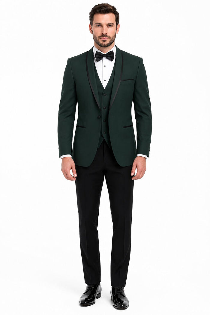 Dark Green Tuxedo - Men's Designer Vested Satin Trim Shawl Wedding Hunter Green Prom Tuxedo