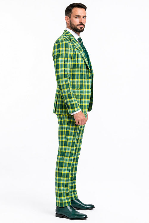 Men's Designer One Button Peak Lapel Italian Wool Suit with Double Breasted Vest in Hunter Green Plaid