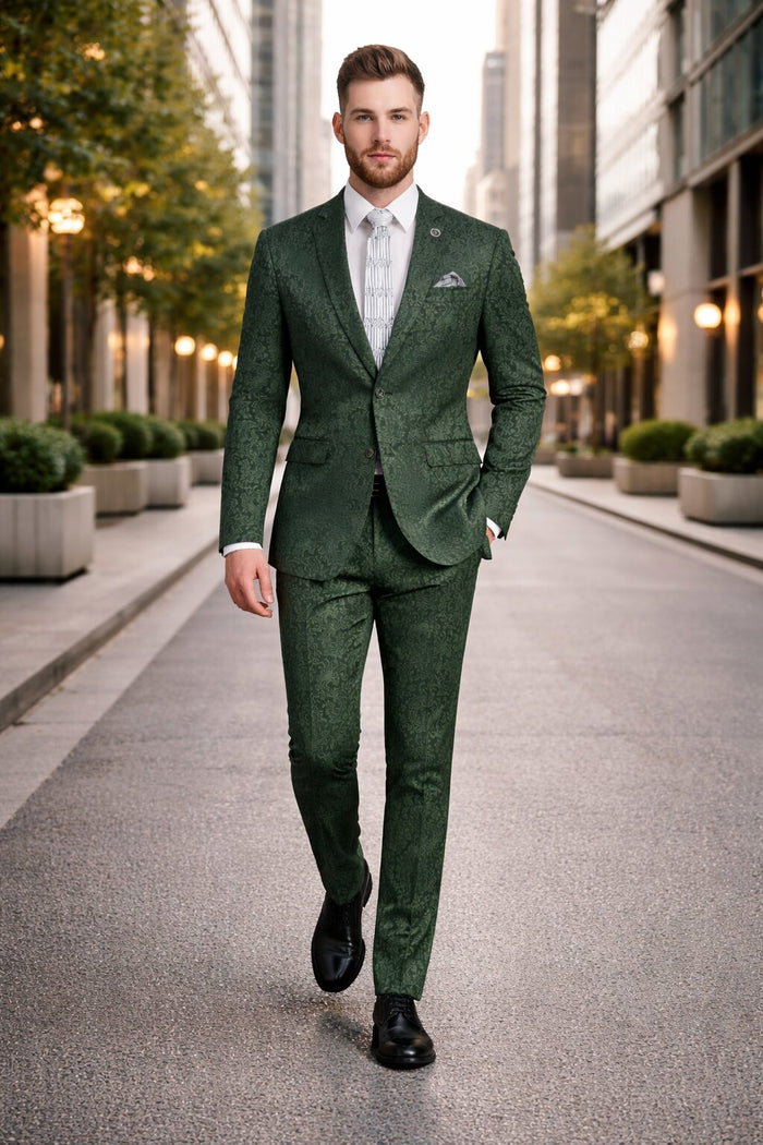 Mens Paisley Prom Suit in Hunter Green – Slim Fit Formal Party Outfit