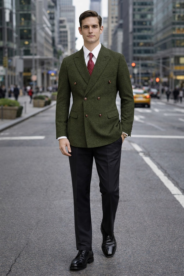 Men's dark green double-breasted winter blazer. Textured fabric, brown buttons, and a modern, structured fit.
