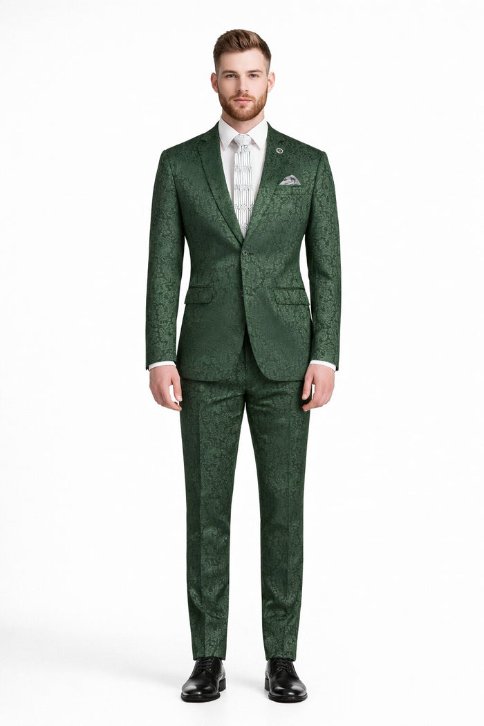 Mens Paisley Prom Suit in Hunter Green – Slim Fit Formal Party Outfit