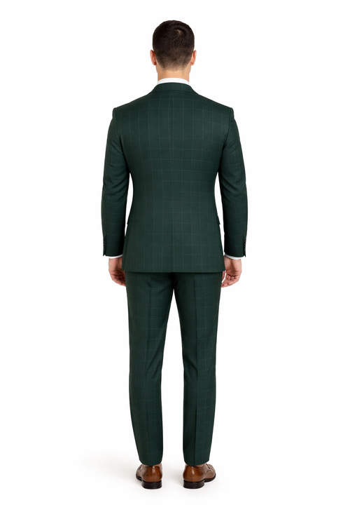 Hunter Green Plaid Suit - Windowpane Pattern Modernt Fit in Dark Green With Vest