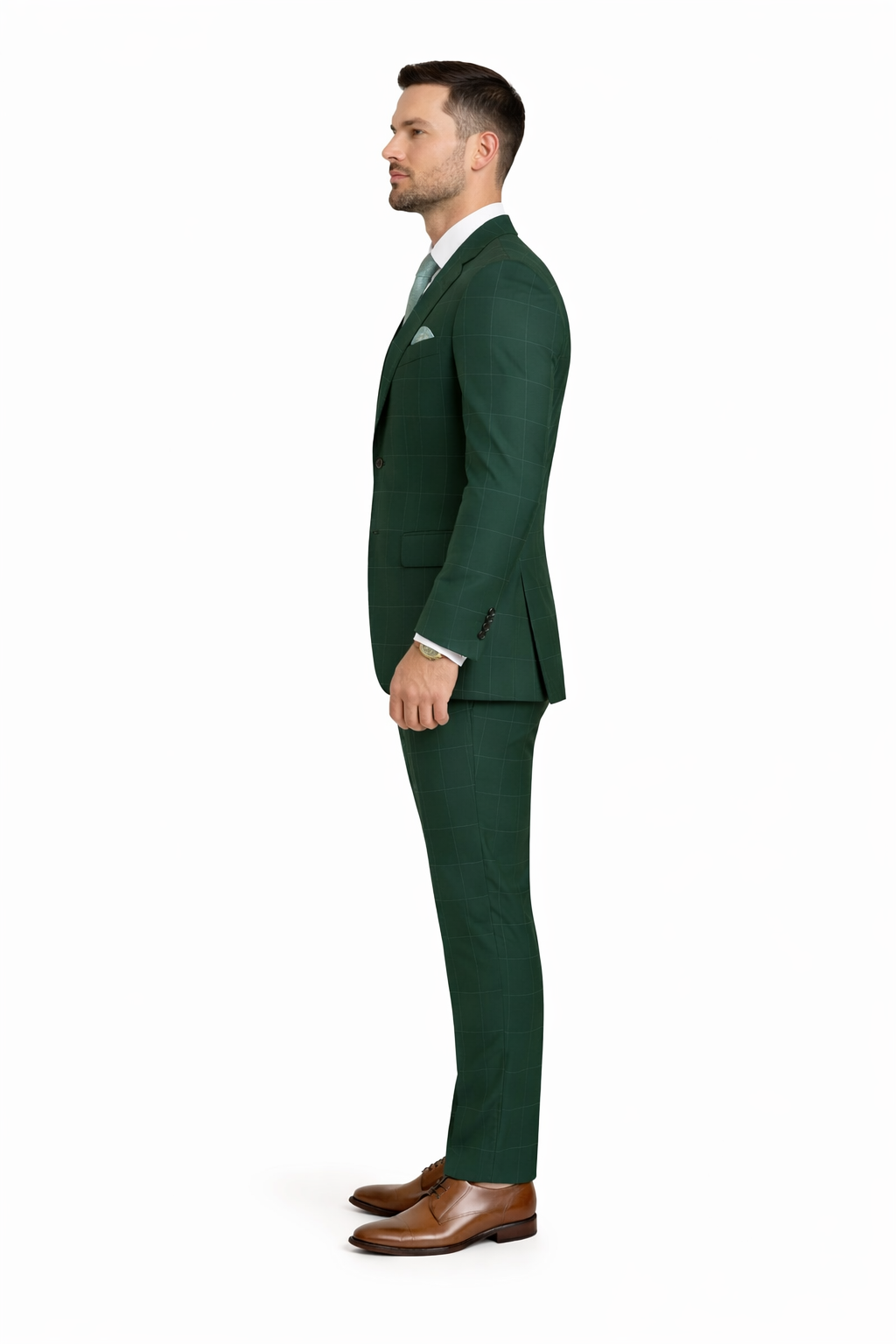 Hunter Green Plaid Suit - Windowpane Pattern Modernt Fit in Dark Green With Vest