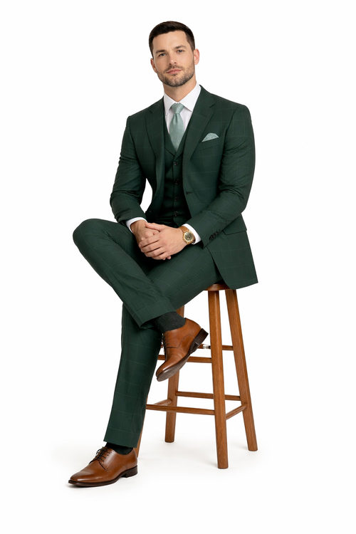Hunter Green Plaid Suit - Windowpane Pattern Modernt Fit in Dark Green With Vest