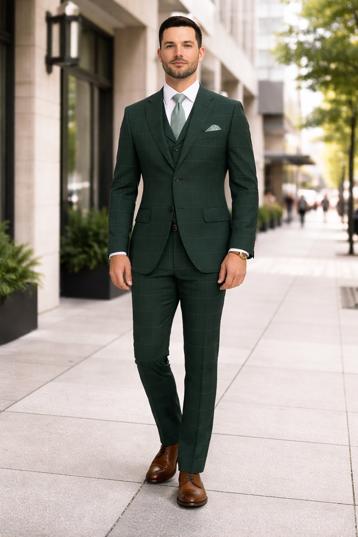 Hunter Green Plaid Suit - Windowpane Pattern Modernt Fit in Dark Green With Vest