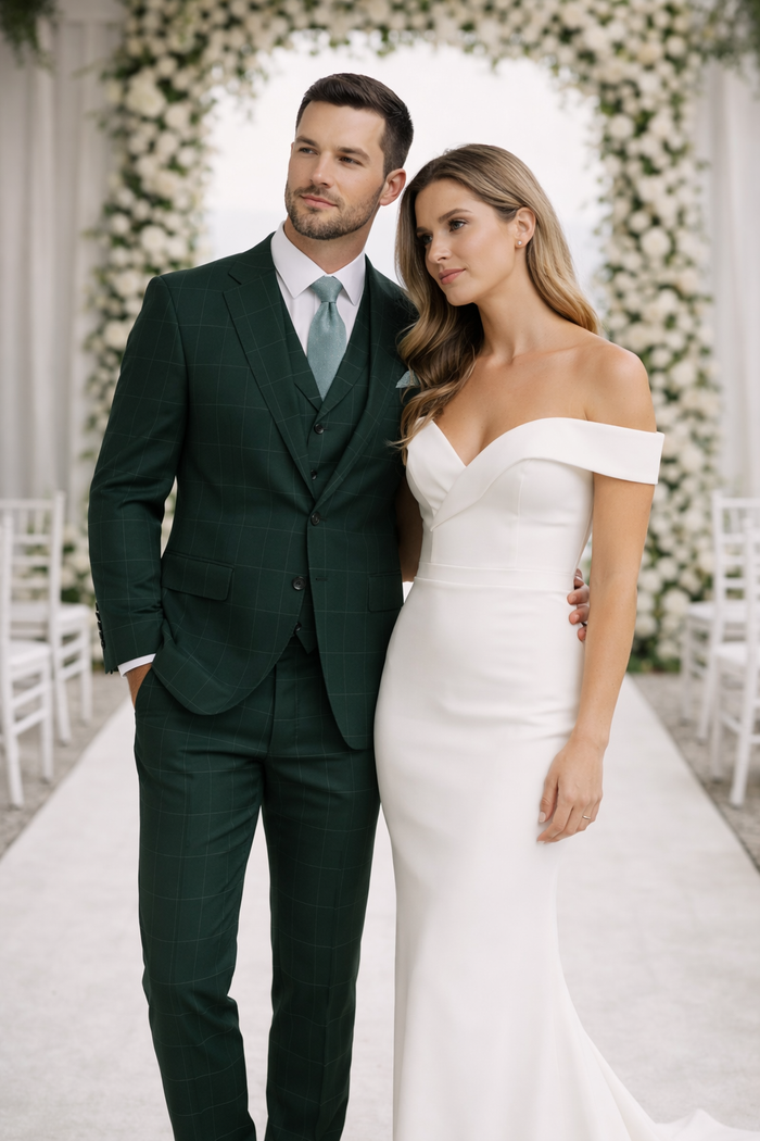 Hunter Green Plaid Suit - Windowpane Pattern Modernt Fit in Dark Green With Vest