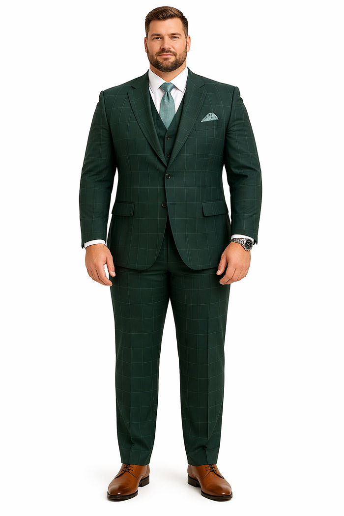 Hunter Green Plaid Suit - Windowpane Pattern Modernt Fit in Dark Green With Vest