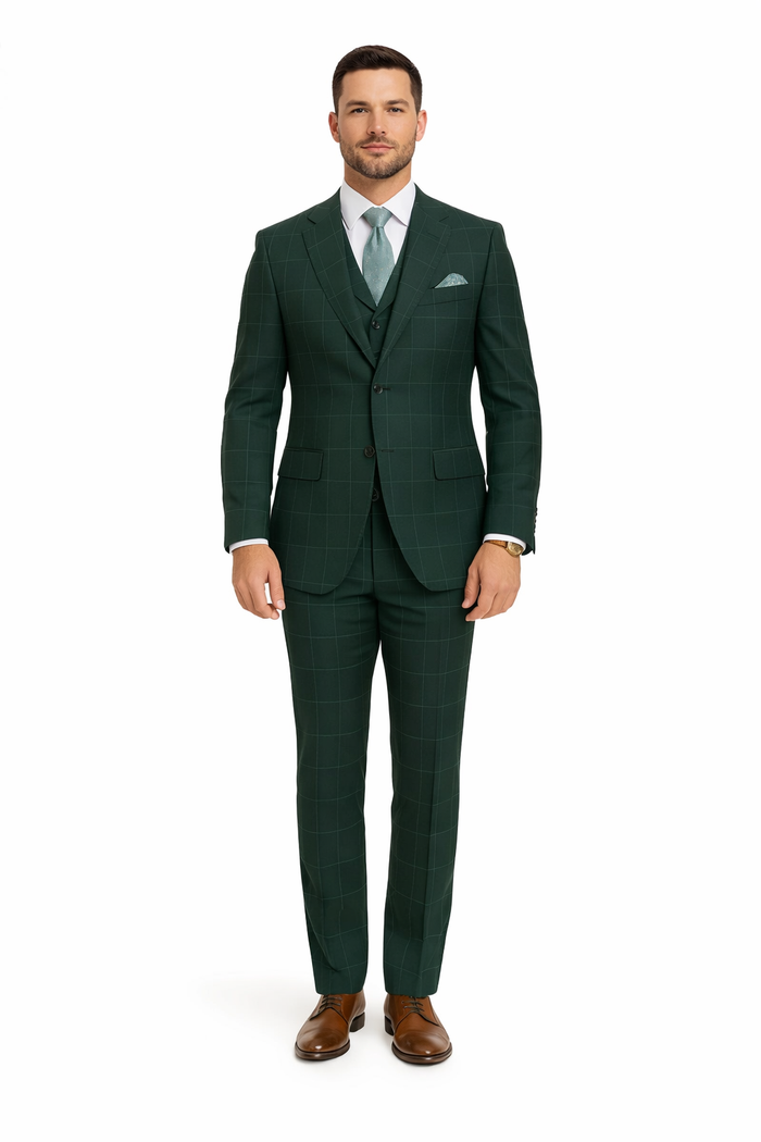 Hunter Green Plaid Suit - Windowpane Pattern Modernt Fit in Dark Green With Vest