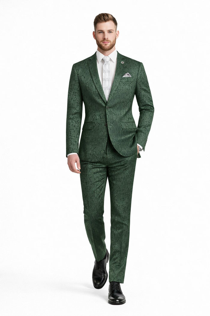 Mens Paisley Prom Suit in Hunter Green – Slim Fit Formal Party Outfit
