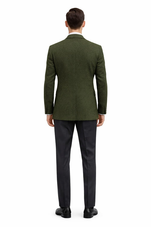 Dark green men's winter blazer with structured fit, single back vent, and long sleeves. Textured fabric with subtle pattern. Features classic lapel and two side pockets.
