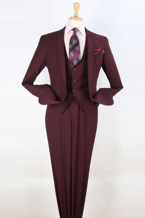 "Burgundy Slim Fit Men's Suit - One Button, Vested Peak Lapel"