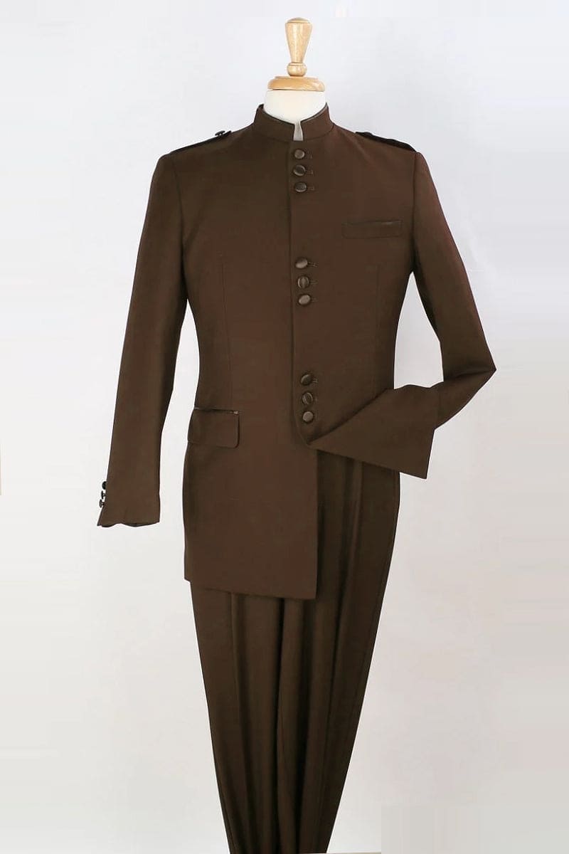 Apollo King "Mens Classic Brown Safari Suit - Military Banded Collar Mandarin Style"