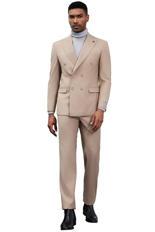 Stacy Adams men's double-breasted suit in tan. Tailored fit, smooth fabric, structured shoulders, notched lapel, button details, and straight-leg trousers. Classic and stylish.
