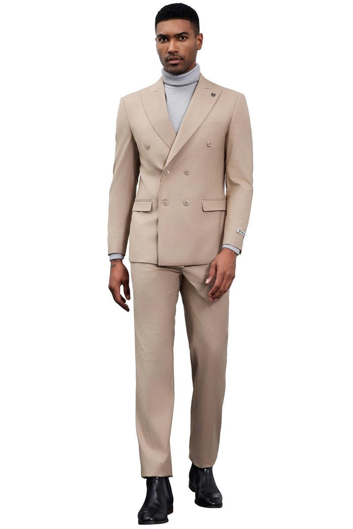 Stacy Adams men's double-breasted suit in tan. Tailored fit, smooth fabric, structured shoulders, notched lapel, button details, and straight-leg trousers. Classic and stylish.
