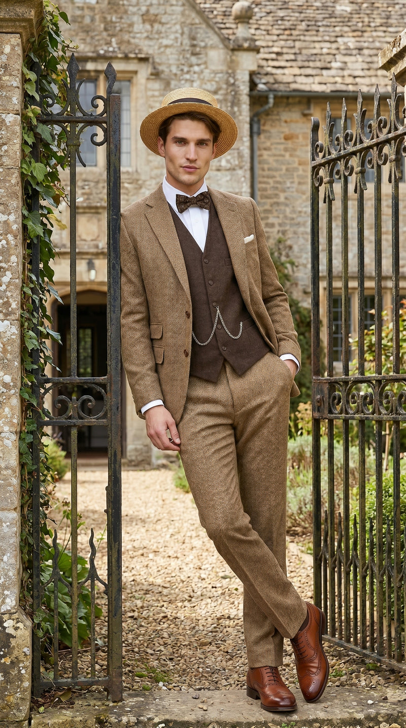 Men’s Camel Pocket Suit with Brown Vest, Vintage Inspired Formal Dress Outfit
