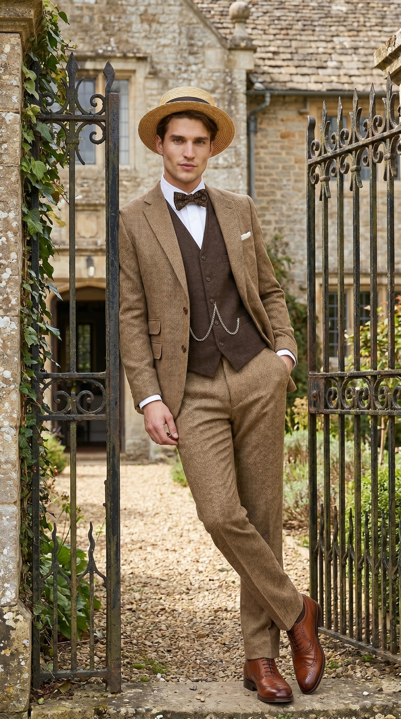 Men’s Camel Pocket Suit with Brown Vest, Vintage Inspired Formal Dress Outfit
