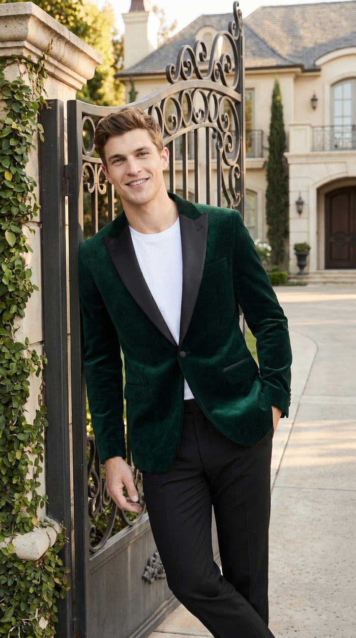 Men’s Olive Hunter Green Velvet Tuxedo Jacket with Black Satin Lapel, Formal Dinner Blazer