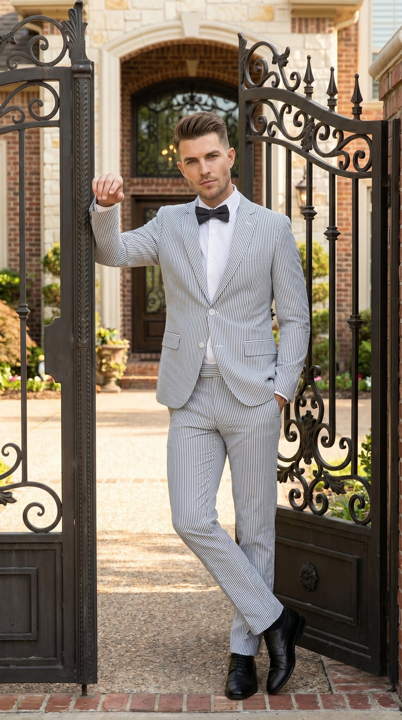 Men’s Gray Seersucker Suit, Lightweight Summer Wedding Prom Dress Suit