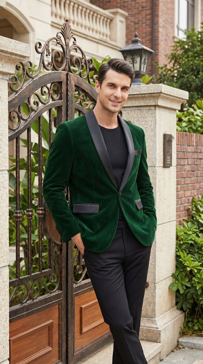 Men’s Emerald Green Velvet Blazer with Black Satin Shawl Lapel, Formal Dinner Jacket