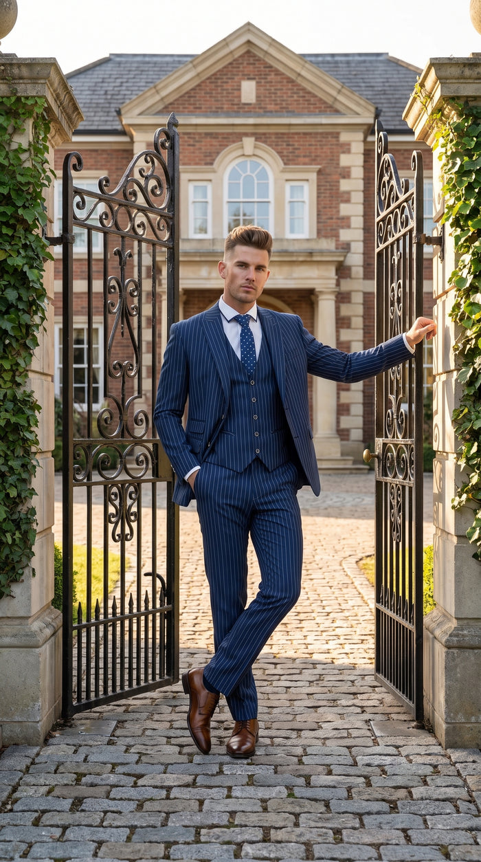 Men’s Navy Blue Vested Bold Gangster Pinstripe Suit, 3 Piece Formal 1920s Dress Suit