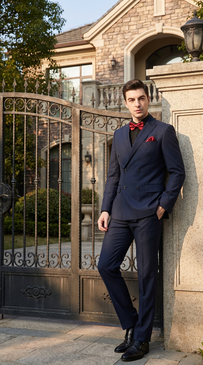 Men’s Navy Ultra Slim Fit Double Breasted Suit with Narrow Leg Pants, Tapered Jacket Formal Suit