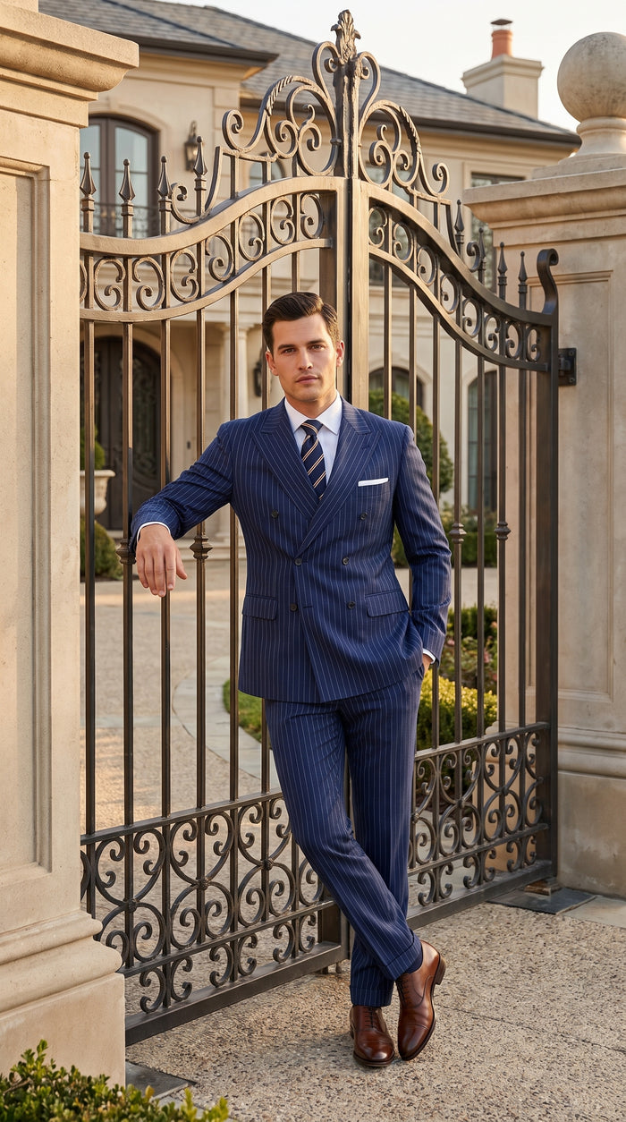 Men’s Navy Blue Double Breasted Pinstripe Suit, 100% Wool Formal Dress Suit