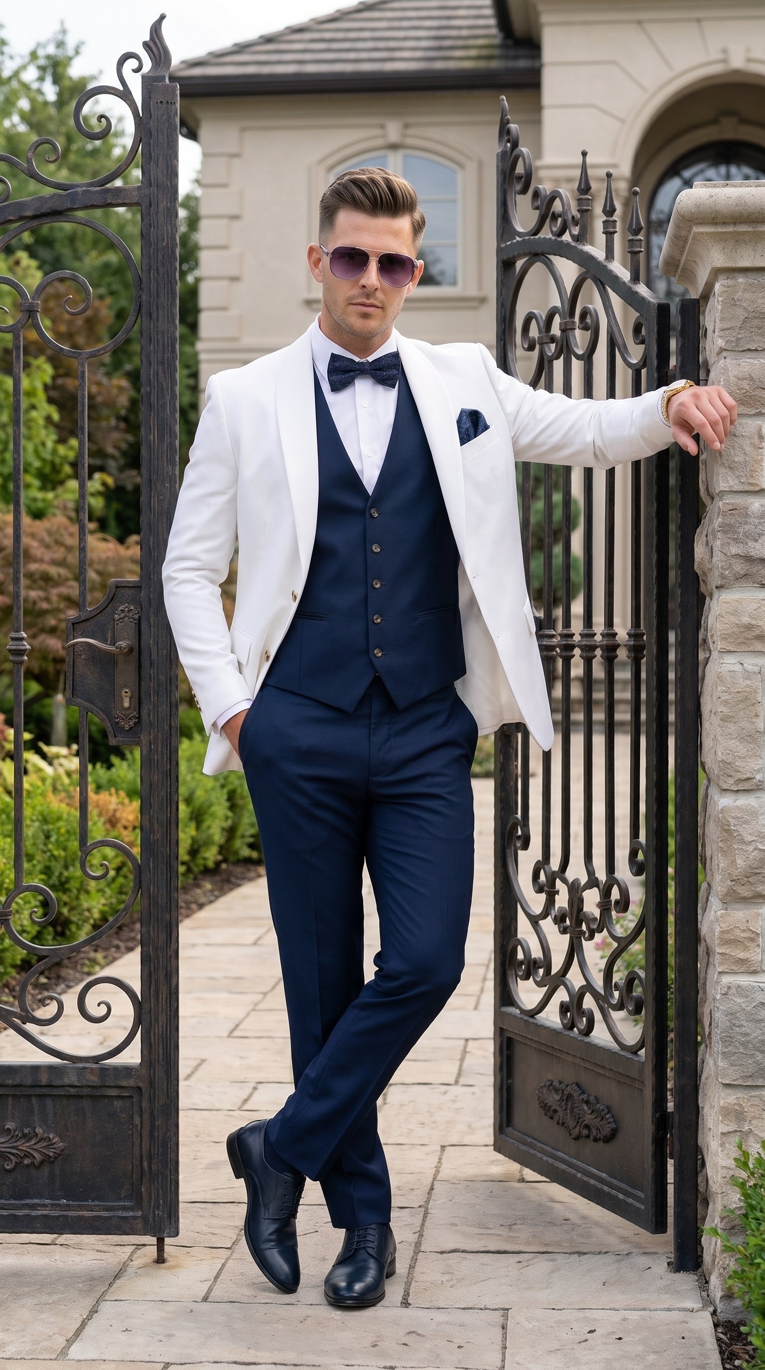 Men’s White and Navy Blue Wedding Suit, White Dinner Jacket with Navy Vest, Pants and Bow Tie