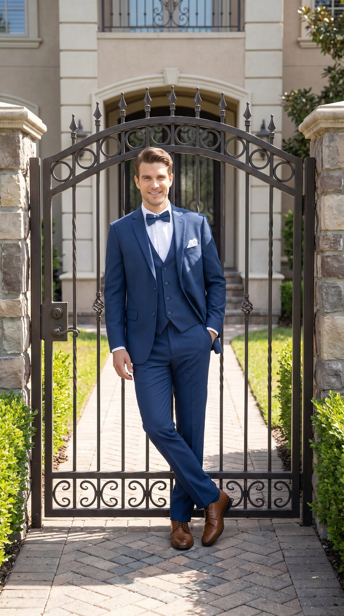 Men’s French Blue Tuxedo Suit with Matching Vest, Bow Tie and Satin Collar