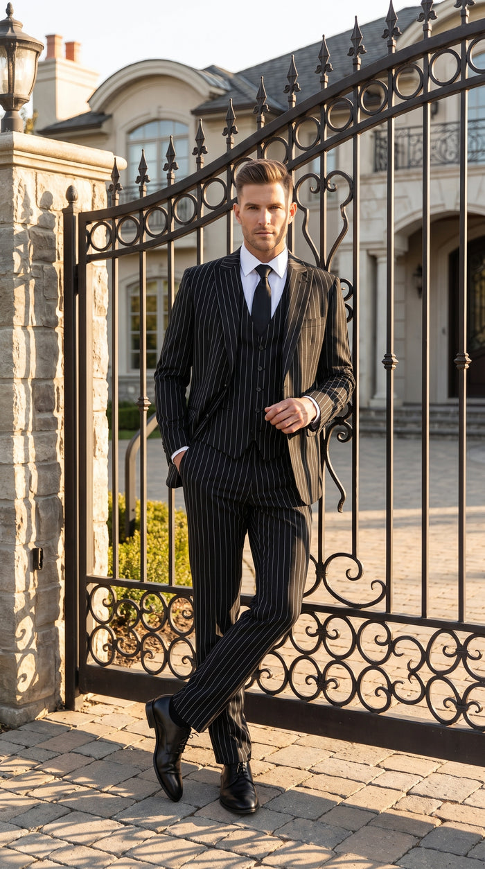 Men’s Black 2 Button Gangster Pinstripe Suit with Vest, Mobster Mafia Style Formal Suit