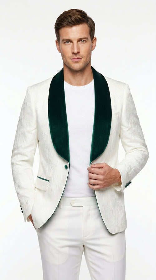 Men’s Ivory and Green Tuxedo Jacket with Velvet Shawl Lapel, Formal Wedding Dinner Blazer
