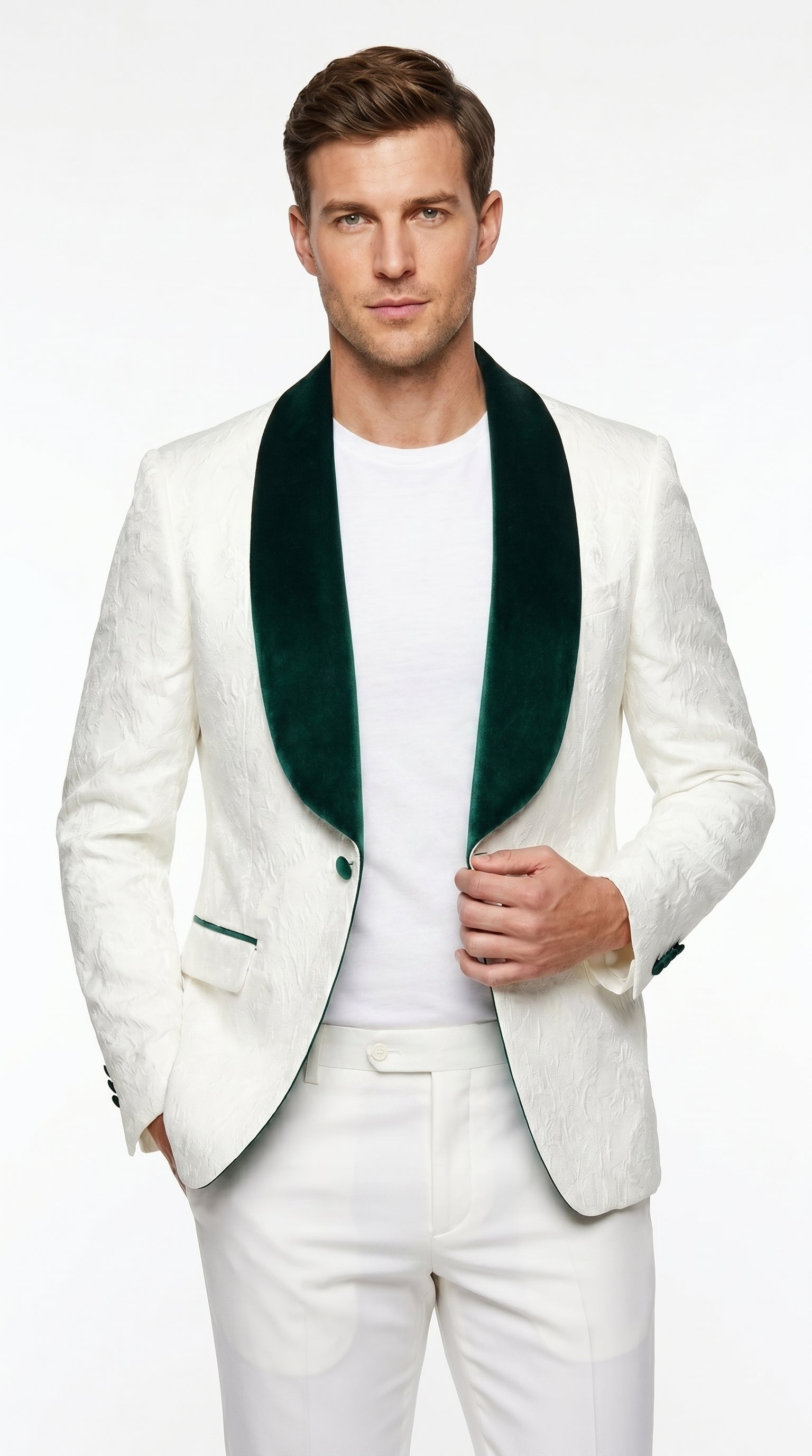 Men’s Ivory and Green Tuxedo Jacket with Velvet Shawl Lapel, Formal Wedding Dinner Blazer