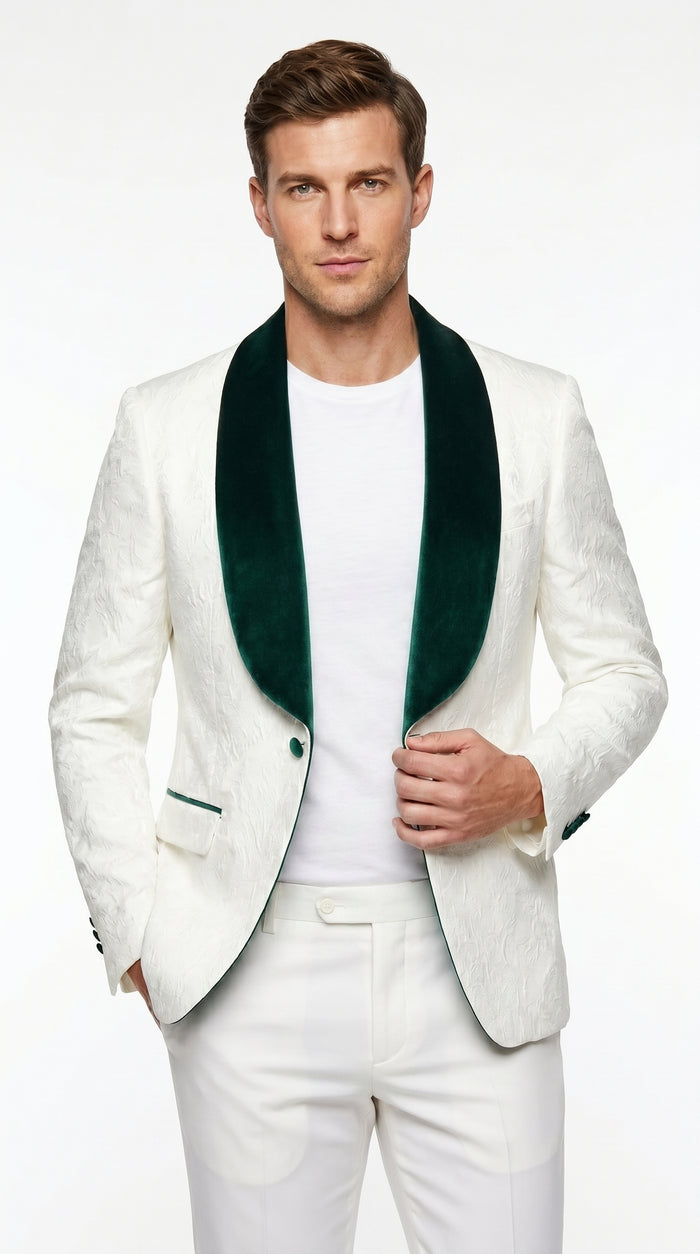 Men’s Ivory and Green Tuxedo Jacket with Velvet Shawl Lapel, Formal Wedding Dinner Blazer