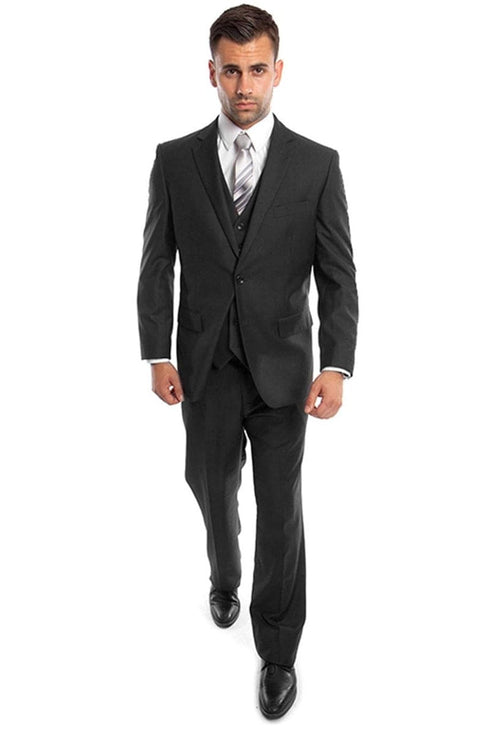 "Black Men's Wedding & Business Suit - Vested Two Button Solid Color"