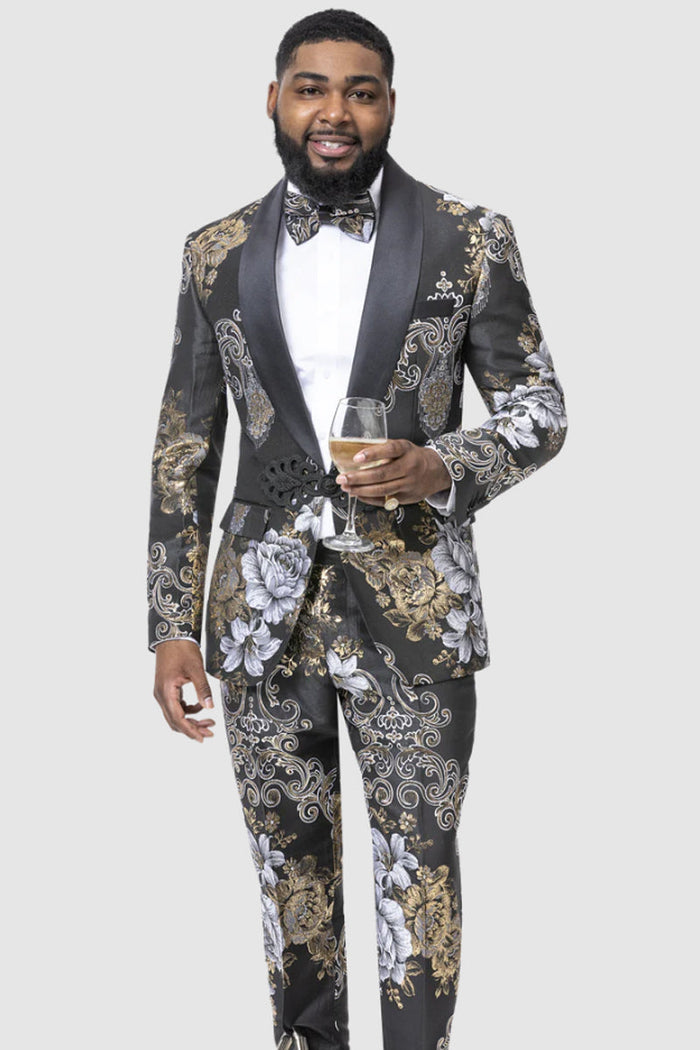Mens Slim Fit Two Piece Black & Gold Paisley Prom Smoking Jacket Tuxedo with Black Trim