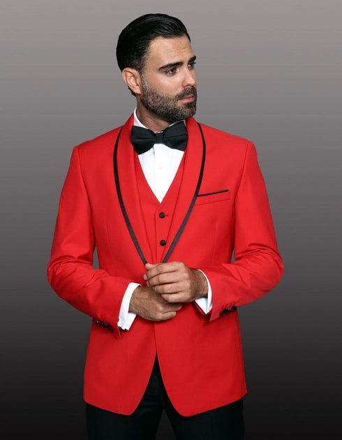 Mens One Button Satin Trim Shawl Tuxedo in Red & Black