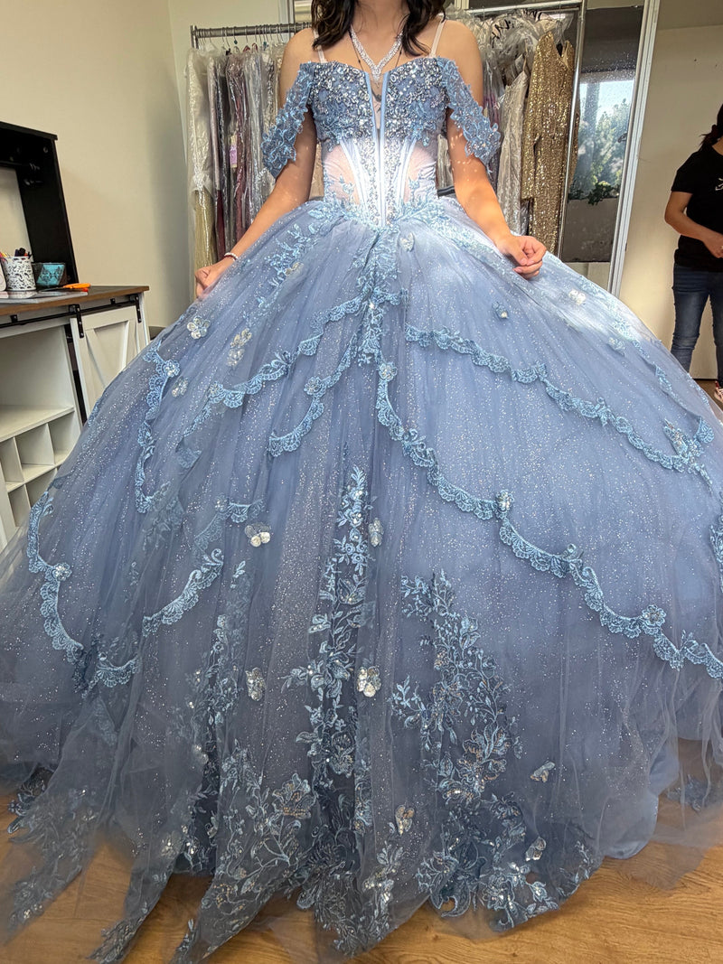 Off-Shoulder Quinceañera Ball Gown with Beaded Lace Appliques and Royal Train by Layla K LK283