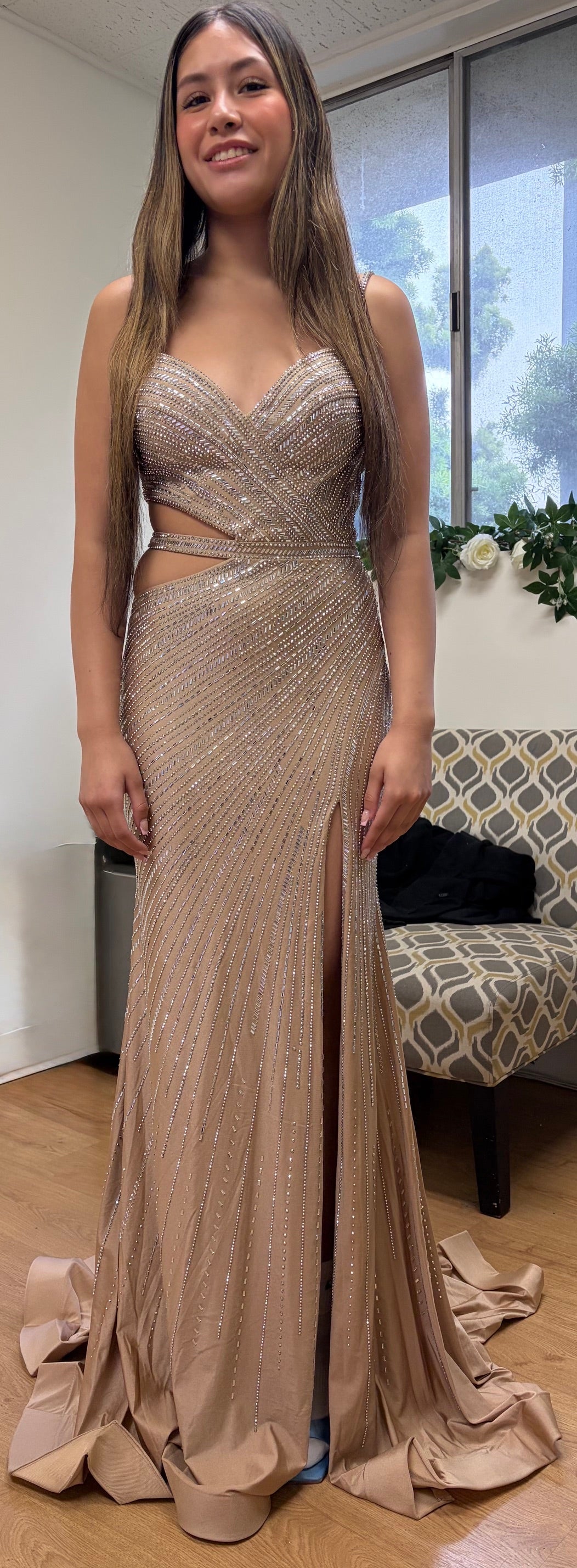 Sparkling Sequin Cutout Evening Gown with High Slit  Spaghetti Strap Mermaid Dress by Royal Queen RQ-8219
