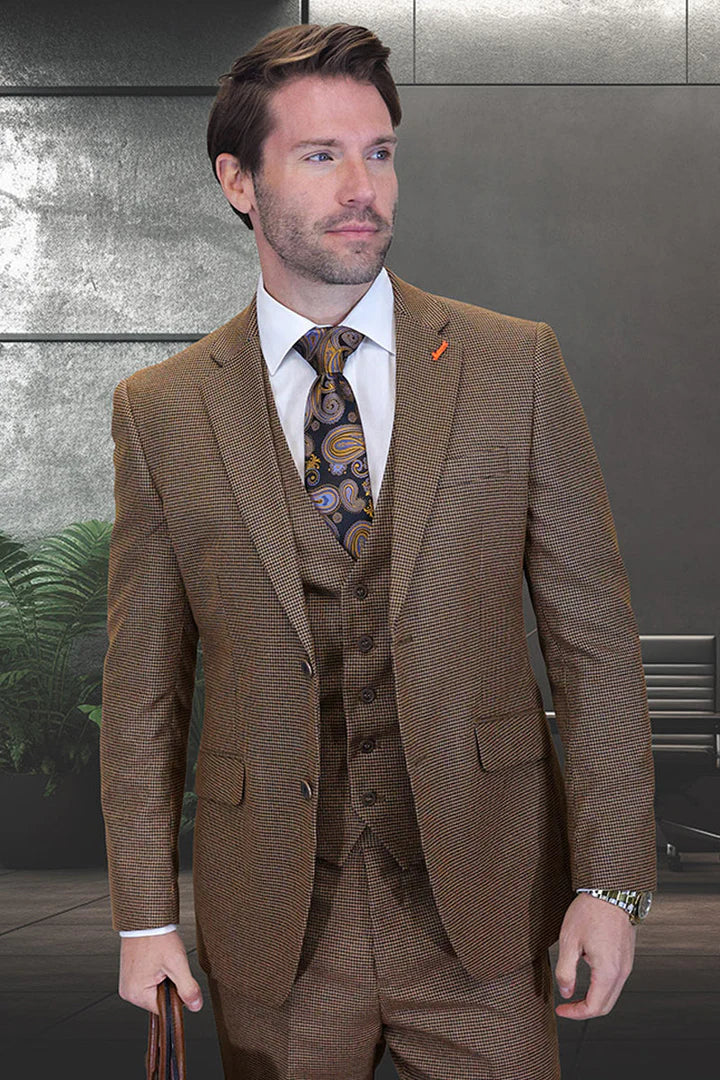 Men’s Copper Brown Micro Plaid Wool Suit – Designer Vintage Style with Vest