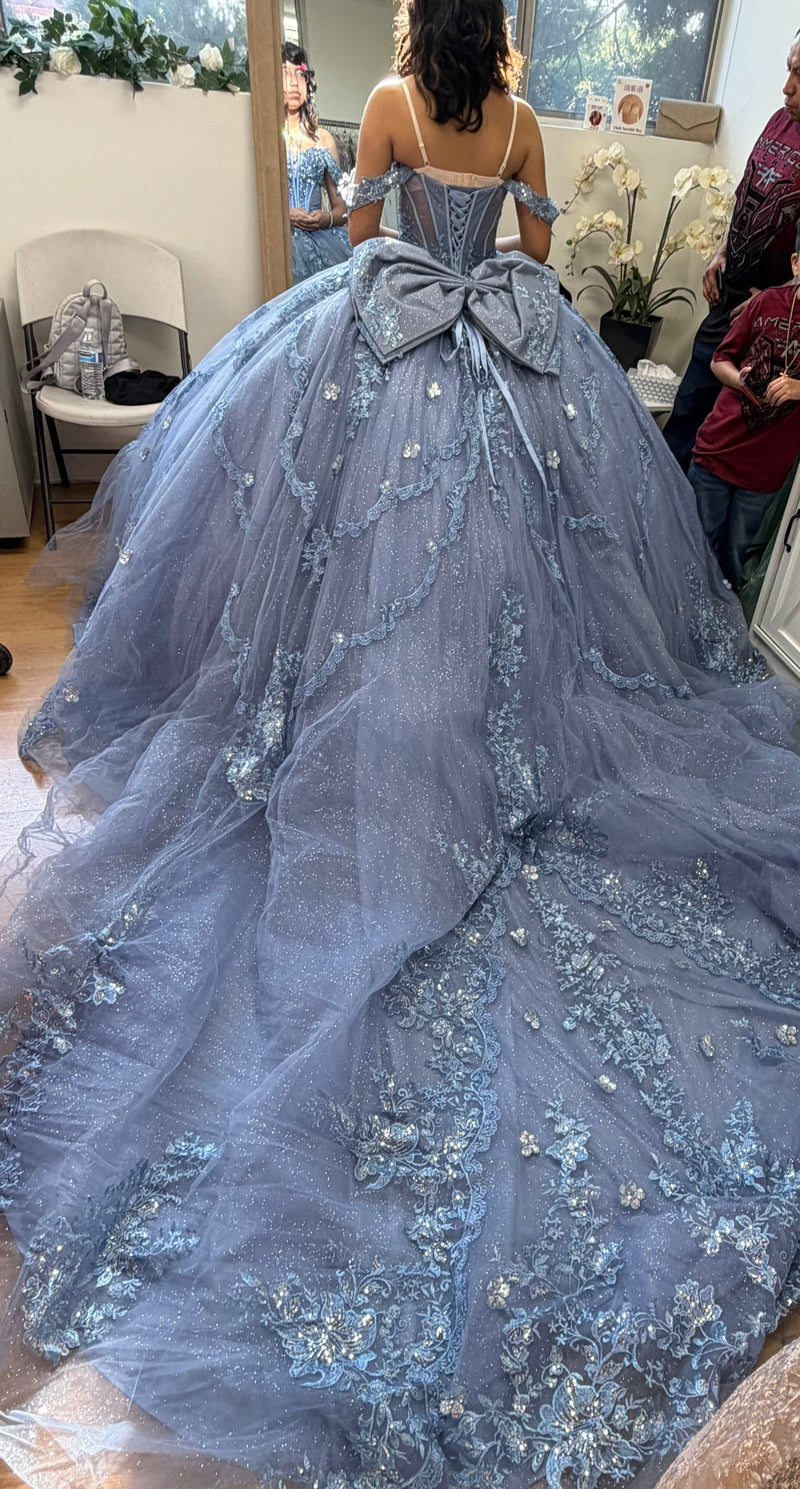 Off-Shoulder Quinceañera Ball Gown with Beaded Lace Appliques and Royal Train by Layla K LK283
